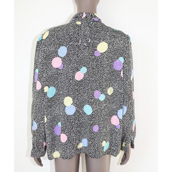 Vintage 80s‎ Polka Dot Puff Sleeve Blouse Formal Evening Cowl Neck Shirt Size L - Picture 2 of 3